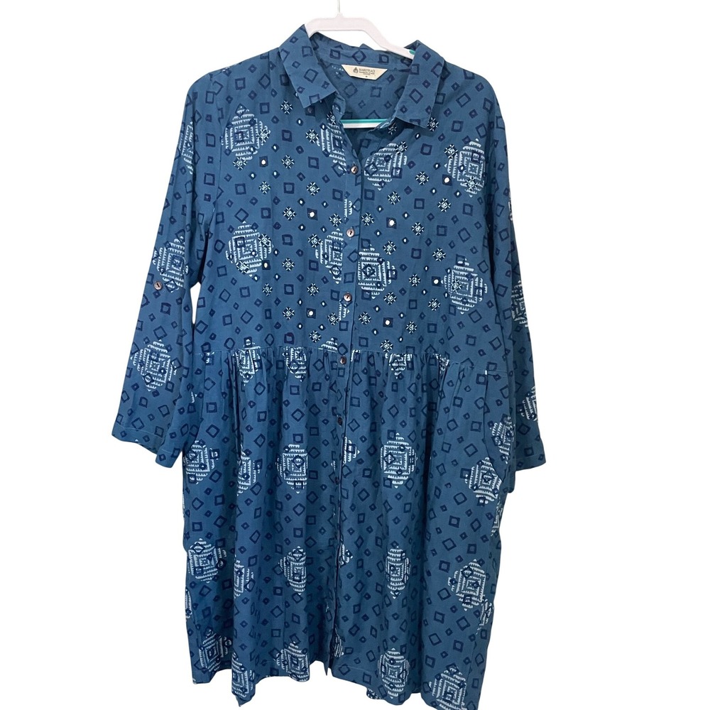 Marketplace‎ Handwork of India Size M Blue Cotton Geo Embroidered Mirror Dress